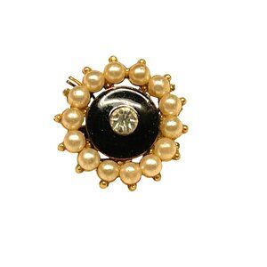 Vintage Faux Pearl & Black Enamel Rhinestone Brooch Pin